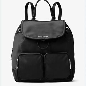 MICHAEL KORS CARA LARGE NYLON BLACK BACKPACK FAUX LEATHER TRIM
